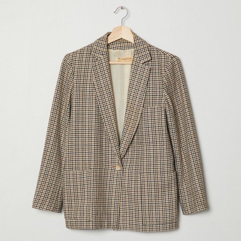 Vtg 70s Brown Houndstooth Wool Blazer M